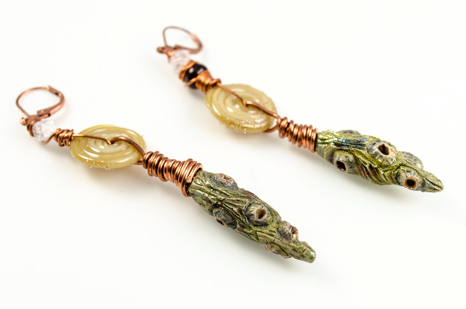 Alien Glamlampwork Glass Hand Carved Raku Beads Copper 3220