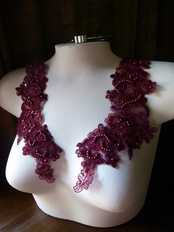 BURGUNDY Beaded Lace Applique PAIR in Oxblook Burgundy for