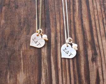 Sigma Delta Tau Necklace Petite Heart - Silver Gold Heart Sorority Jewelry, Big Sis Lil Sis, Initiation Gift, Sorority Initiation Gift