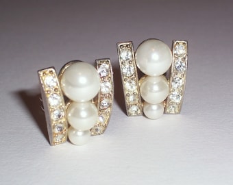 Vintage Earrings with White Faux Pearls and Rhinestones - Clip Ons