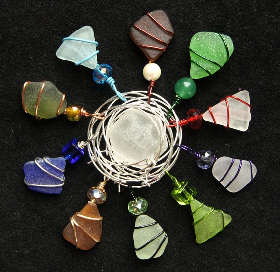 Sea Glass Wine Charms Set of 10 Wire Wrapped Can by oceansbounty