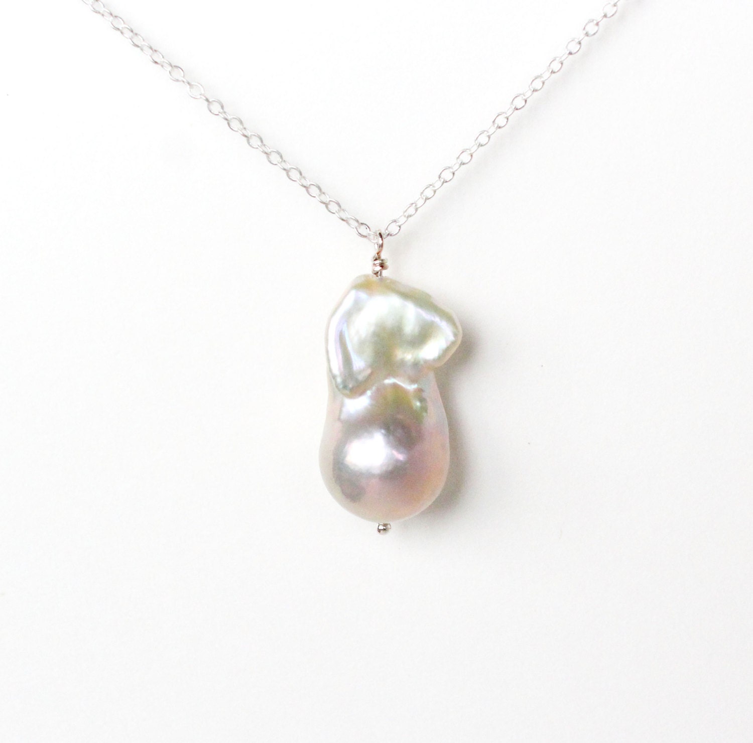 Large baroque fireball flameball single pearl silver necklace