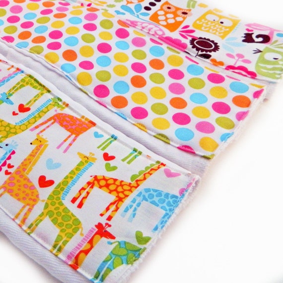 Girl Burp Cloths -Pink Green Giraffe Owls Dots - Set of 3 // Diaper Burp Cloth // Cotton Burp Cloth // Baby Shower Gift // Owl Burp Cloths