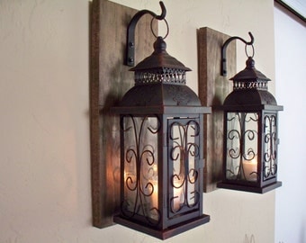 Lantern pair wall decor (2), wall sconces, housewarming gift, bathroom decor, wrought iron hook, rustic wood boards