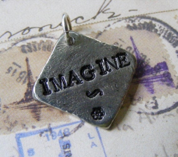 Pewter Hand Stamped Pendant IMAGINE Black Leather Necklace Choker