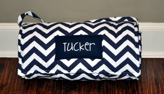 Nap Mat - Monogrammed Navy Chevron Nap Mat with Navy Minky Dot Blanket