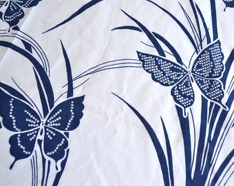 Vintage Bed Sheet - Blue and White Oriental Butterflies - Twin Flat