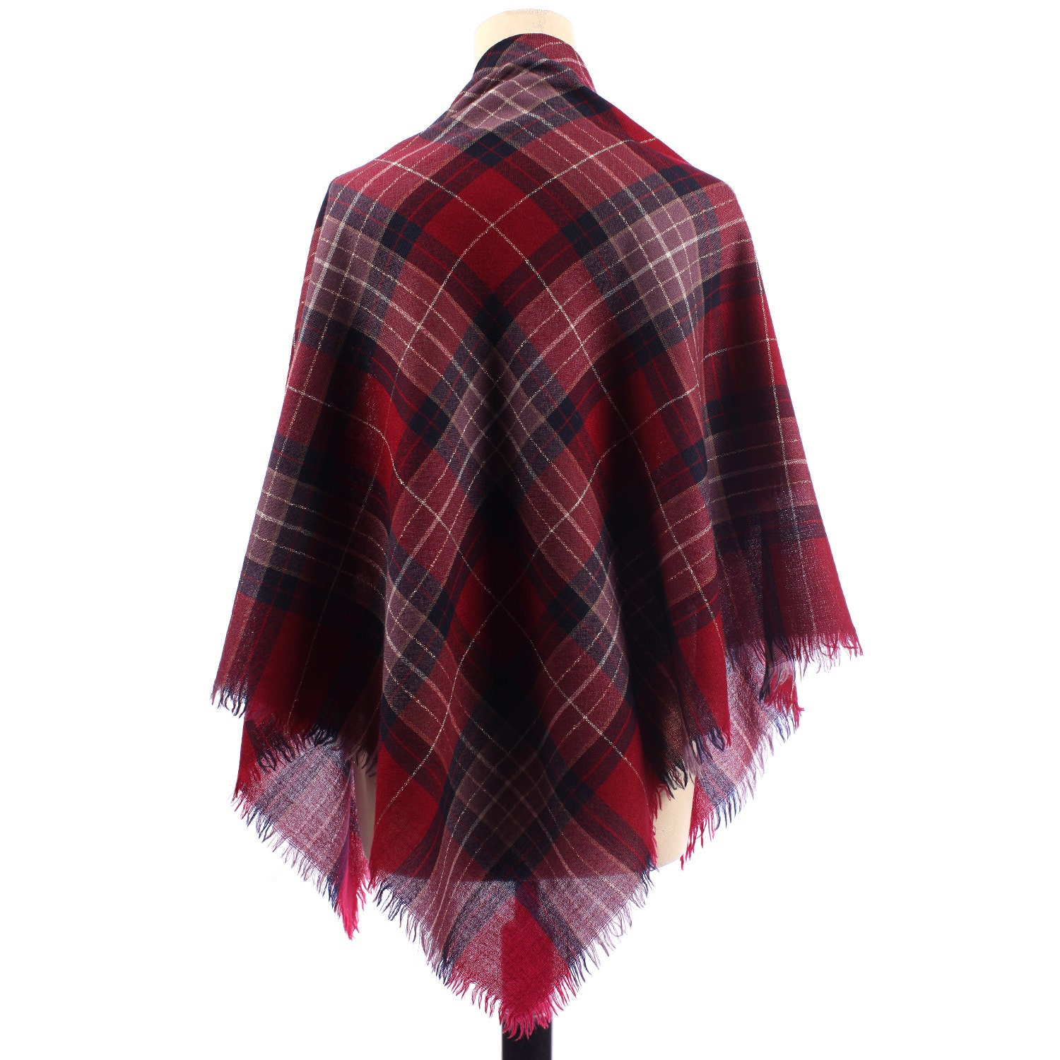 Burgundy WOOL Plaid TARTAN Blanket Wrap Wine Red Oversize Large Scarf ...