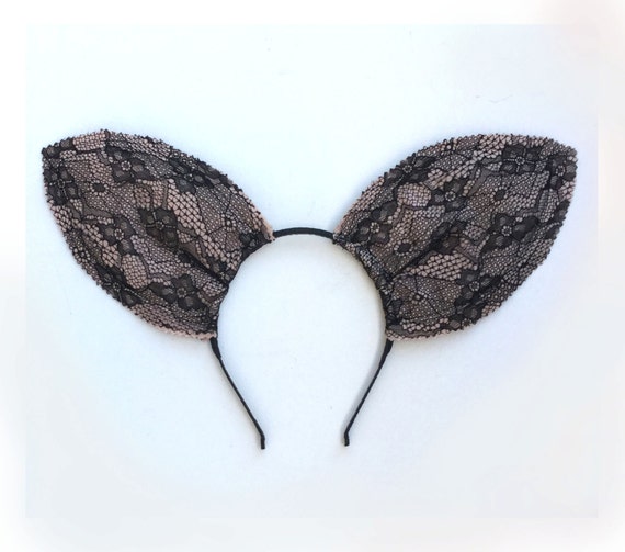 Black, nude pink lace bunny ears headband.