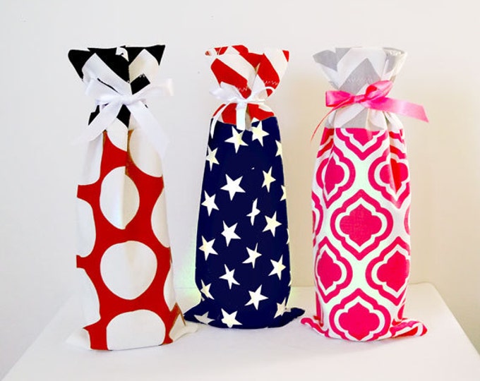 3 Wine Bags, Wine Sack, Wine Caddy, Wedding, Bachelorette Party, Hostess Gift, Aqua Chevron, Hot Pink Dots, Design Your Own