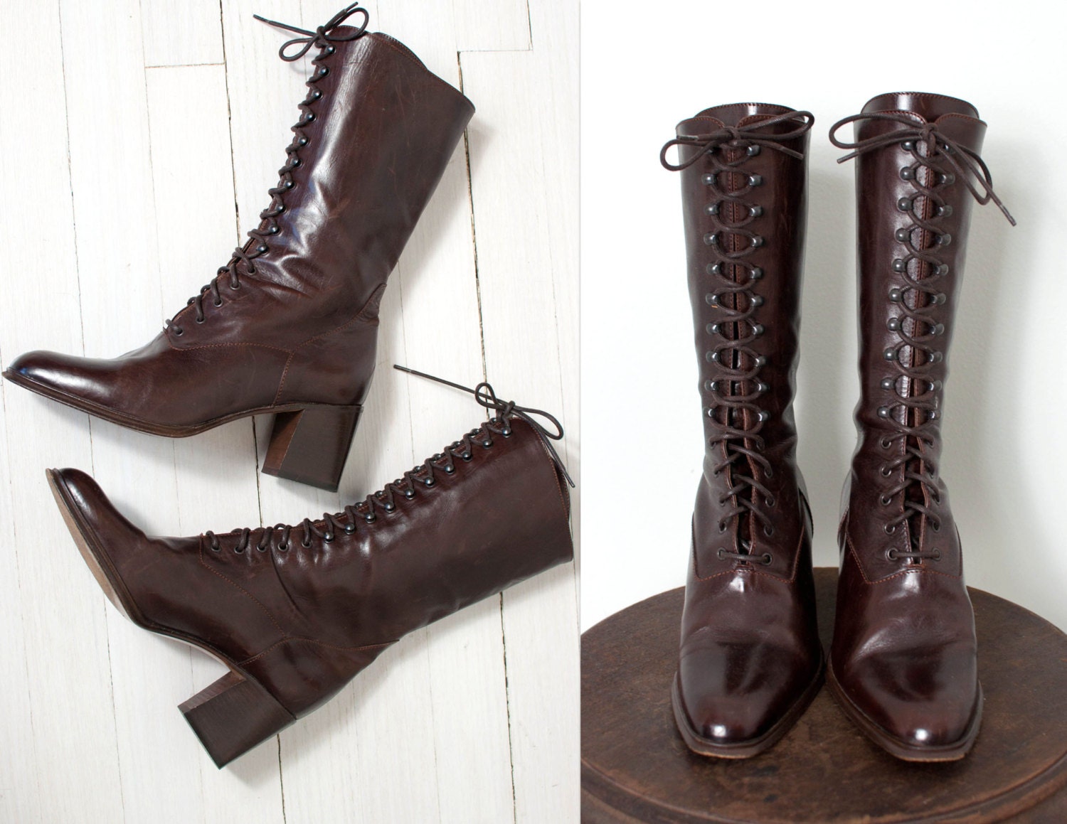 vintage Joan & David boots / lace up brown leather 80s boots