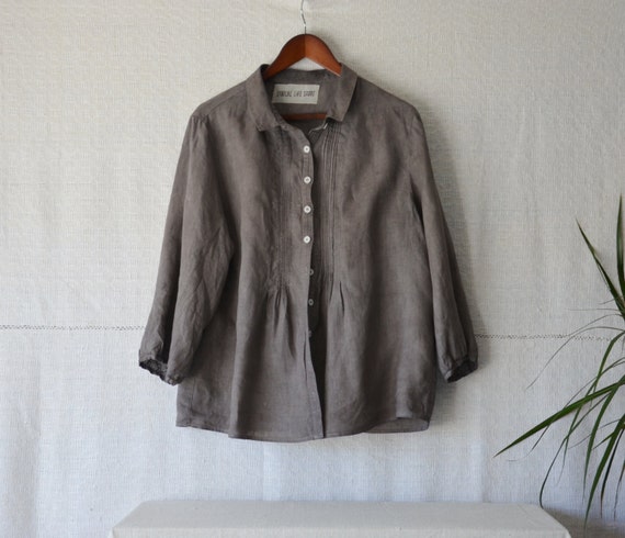 Linen shirt womens boho clothing dark gray top by EthicalLifeStore