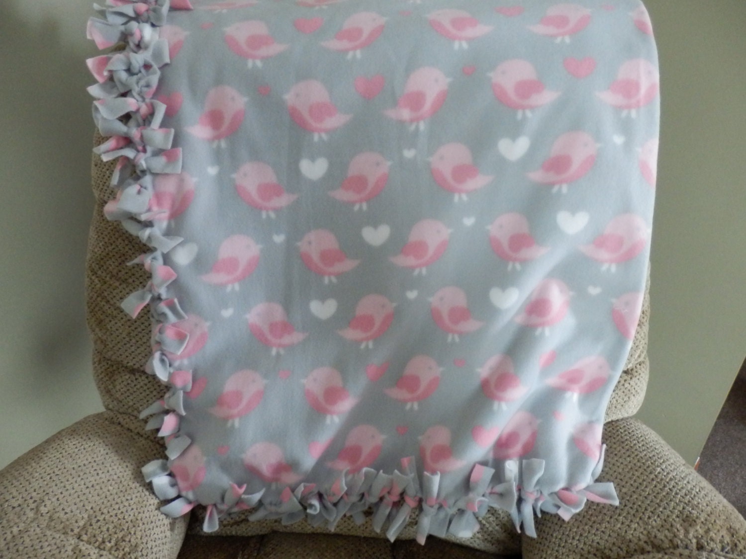 Hand tied double sided fleece baby girl blanket. Pink chicks