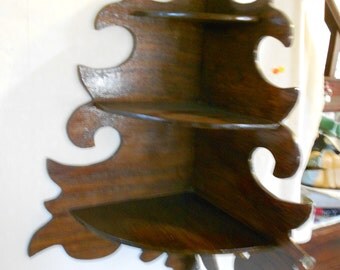 Wooden Corner Shelf Knick knack Three Tiered vintage Handmade Ornate