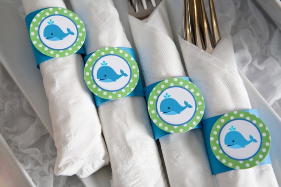 Whale Birthday Party - Napkin Rings - Silverware Wraps - Preppy Ocean Theme Party Decorations & Baby Shower Theme in Blue and Green (12) Il_570xn