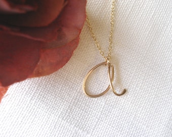 Gold filled Initial Necklace...handmade personalized wire wrapped cursive initial for everyday, birthday, brides, bridesmaid, flowergirl
