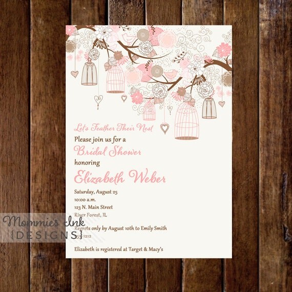 Bridal Shower Invitation, Birdcage Invitation, Floral Invitation, Pink and Brown Invitation, Birds and Birdcages, DIY, Printable Il_570xn