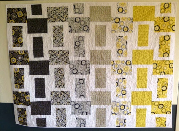 Modern blocks flower quilt black grey yellow and white floral throw or wall hanging
