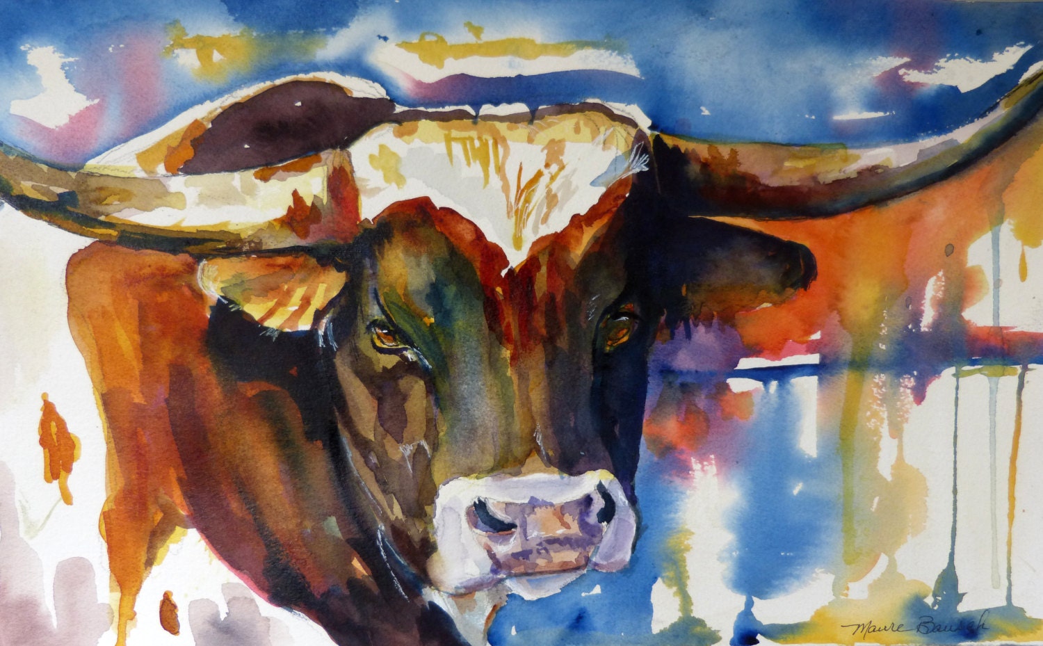 Texas Longhorn Watercolor Art Print by Maure Bausch