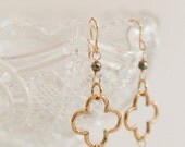 Pyrite and Bronze Quatre Foil Earrings | Gifts for Her | Quatrefoil Dangles | Pyrite Jewelry | Bridesmaid Gift | Dainty Dangle + Drop