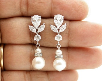 Wedding Jewelry Pearl Drop Wedding Earrings Cubic Zirconia Bridal Earrings Swarovski Pearls Crystal Bridal Earrings, Isla