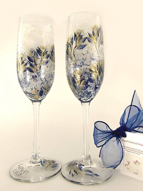 Hand Painted Champagne or Wine Glasses Elegant Navy Blue and