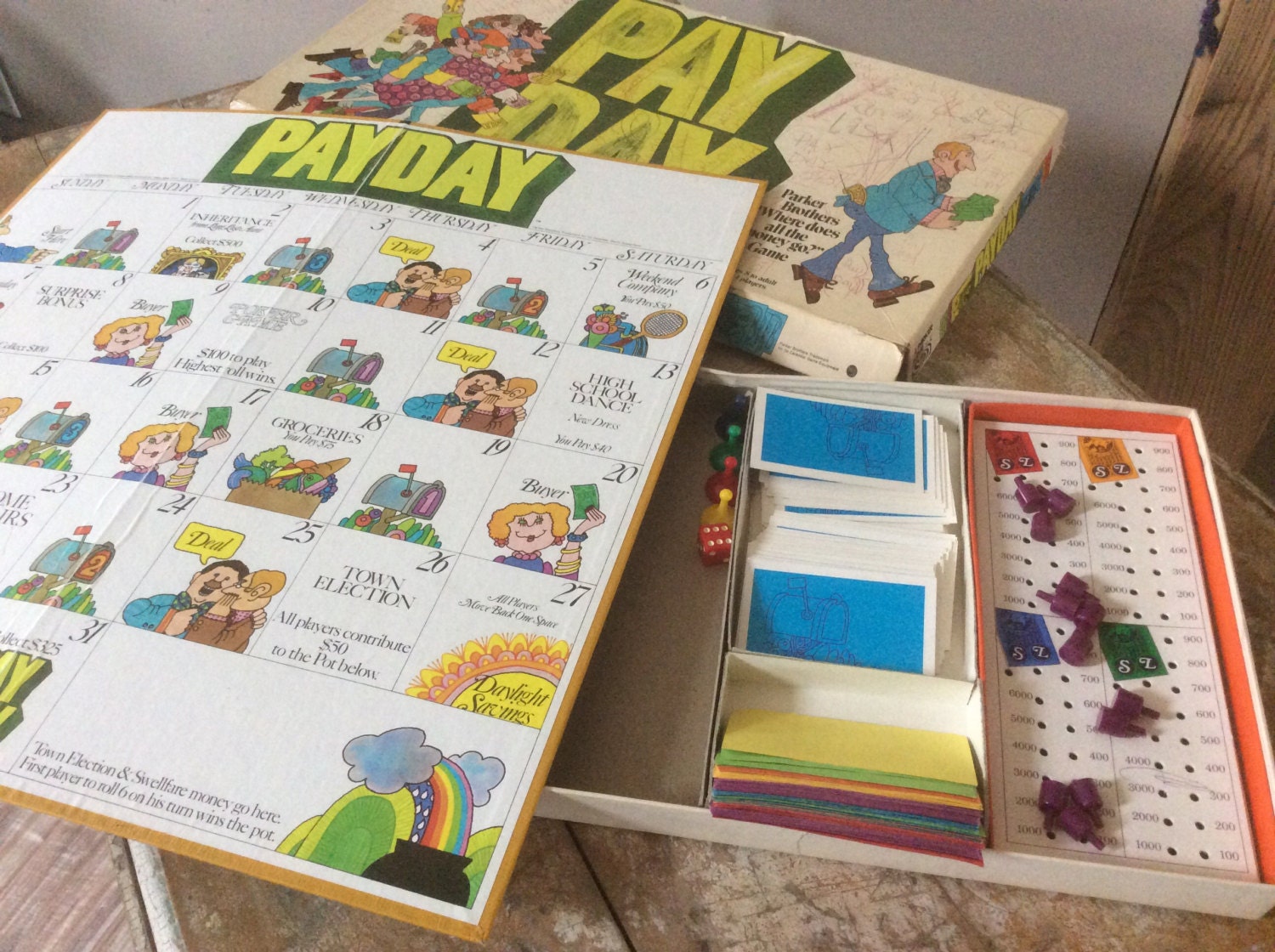 vintage payday game board pieces play money cards graphics 70s