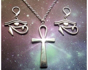 Ankh and Eye of Horus necklace and earrings set