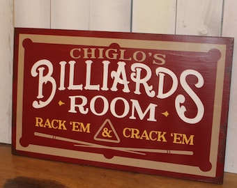 Personalized Billiards Room Sign/Man Cave/Christmas Gift/YOU choose Name and Colors/Pool Table/Male Gift/Wood Sign/Han