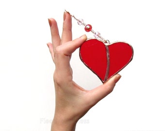 Stained Glass Heart Suncatcher Red Handmade OOAK
