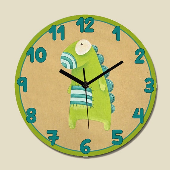 Kids clock Children room decor Green dinosaur monster by Pituda