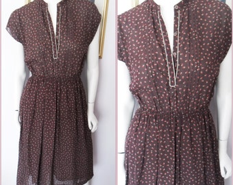 Vtg.70/80s Chocolate Brown Dotted Secretary Disco Dress.S/M.Bust 36-38.Waist 22-34.