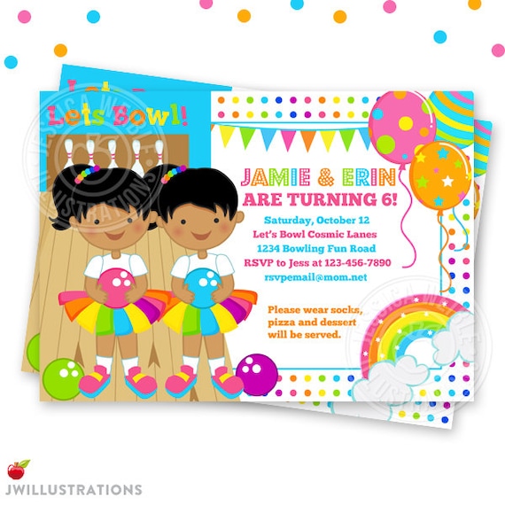 Dark Skin - Girly Rainbow Bowling TWINS Printable Invitation- Custom 4x6 or 5x7 Rainbow Bowling Party Invitation - Rainbow Bowling Party Il_570xn