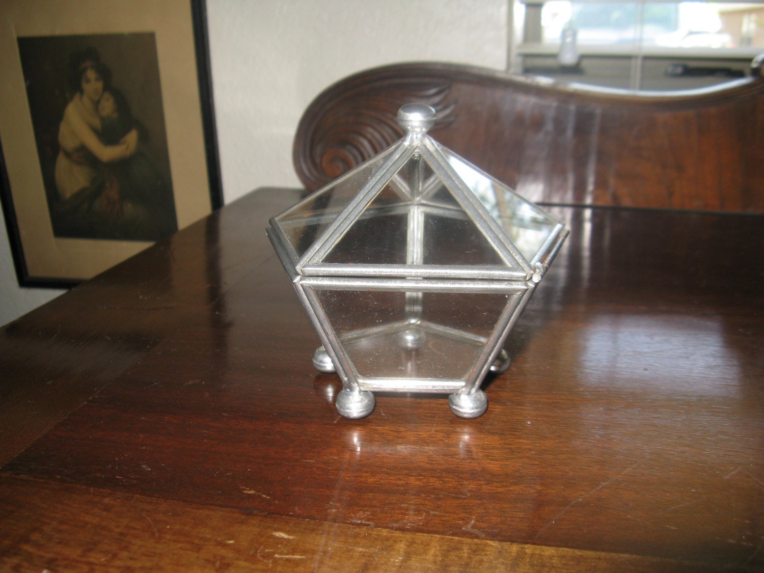 Vintage Glass and Silver Solder Hexagon Shaped Box for Display in