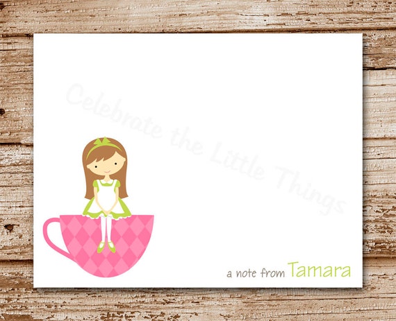 Set of 8 Tea Party Note Cards, Notecards for Girls | Teacup, Par-Tea | Personalized Stationery | Birthday Thank You Il_570xn