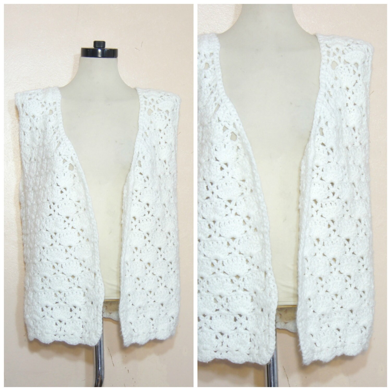 70s White Crochet Sweater Vest Medium Large Laryering Boho