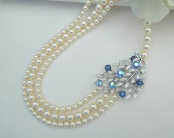 pearl necklace, Pearl Bridal necklace, wedding rhinestone necklace, pearl rhinestone necklace, something blue vintage necklace, OOAK, EVE
