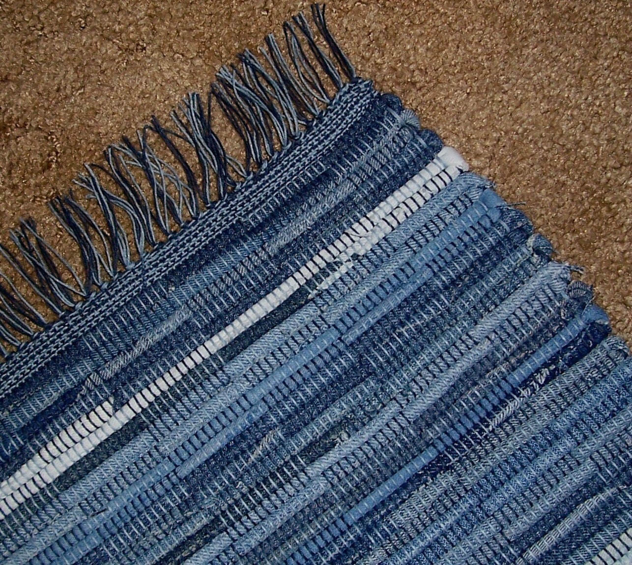 Denim rag rug 6 ft X 35 in handwoven with fringe
