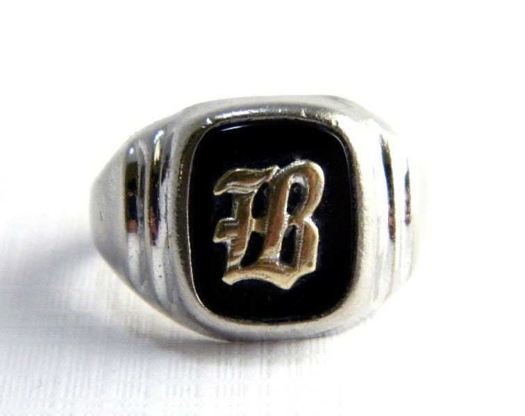 Vintage Mens Sterling Silver Onyx Initial Signet Ring – Gold Letter B 