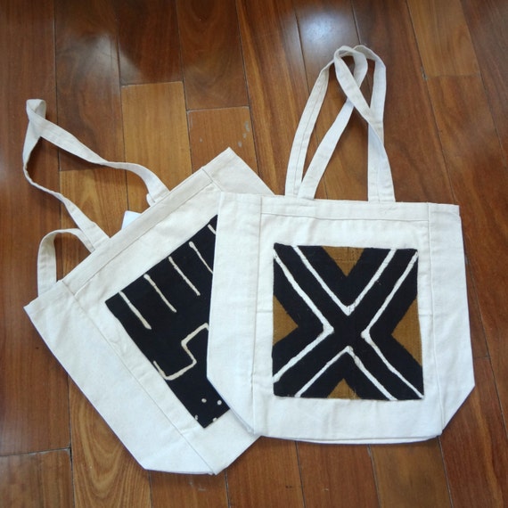 Set of 2~ Canvas Mudcloth Pocket Tote Bags