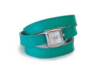 Ocean green triple wrap leather watch, aqua green watch - the Twist