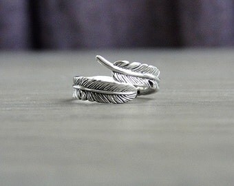 Feather ring, silver wrap ring, silver ring, long quilled feather ring, oxidized silver ring