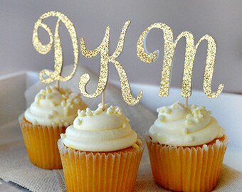 Initial Letter Cupcake Toppers. Set of 12. Handcrafted in 2-3 Business Days. Pink and Gold Birthday Party Decorations.