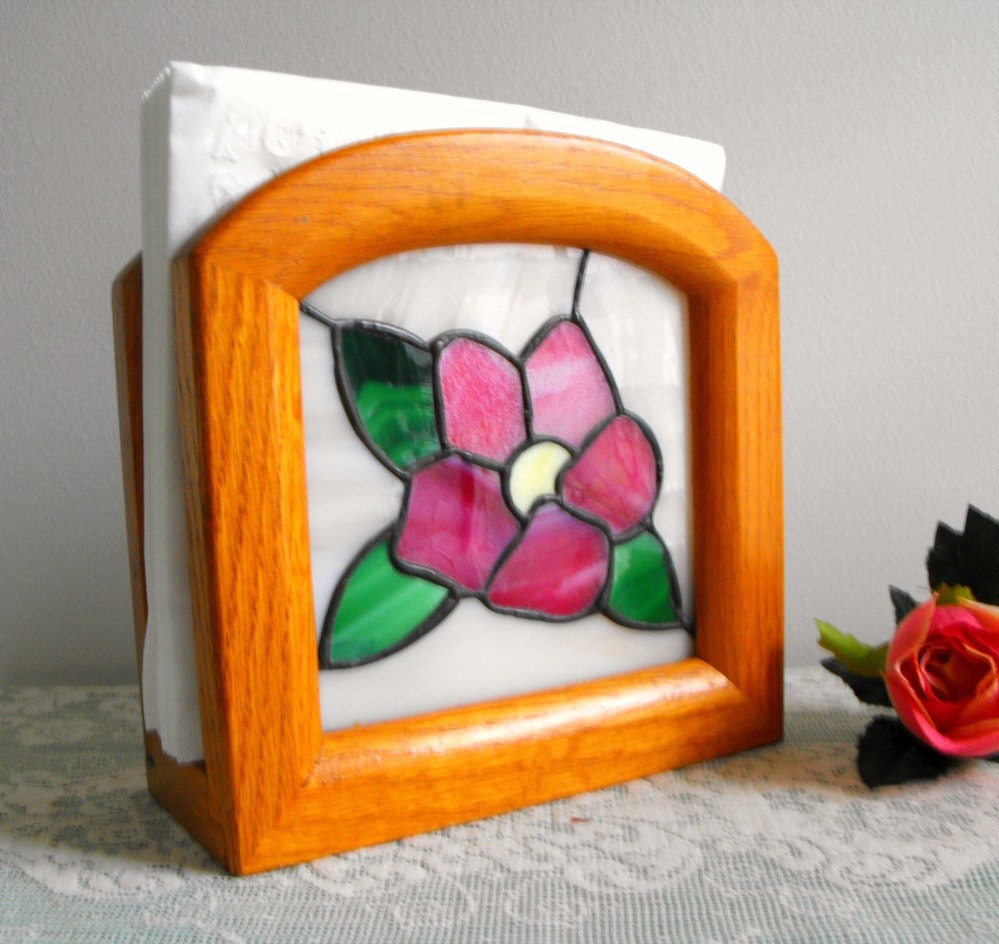 Vintage Handmade Solid Oak Framed Stained Glass Napkin Holder