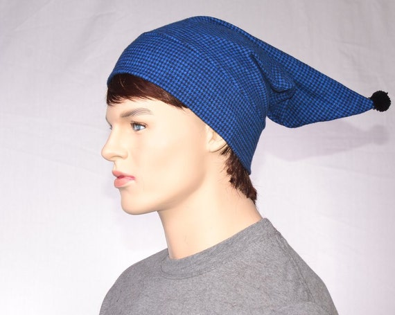 Cotton Flannel Night Cap in Blue and Black Check Heavyweight