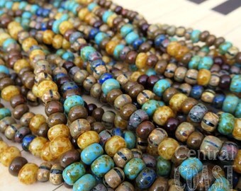 Boho Bliss - Aged Striped 2/0 - 3/0 Czech Glass Rocaille Seed Bead Mix - 50 pcs - 5.5mm 6mm - Rustic Opaque Picasso - Central Coast Charms