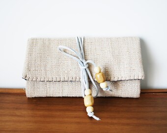 Beige Cloth Trifold Clutch Wallet with White Leather Tie v. 2