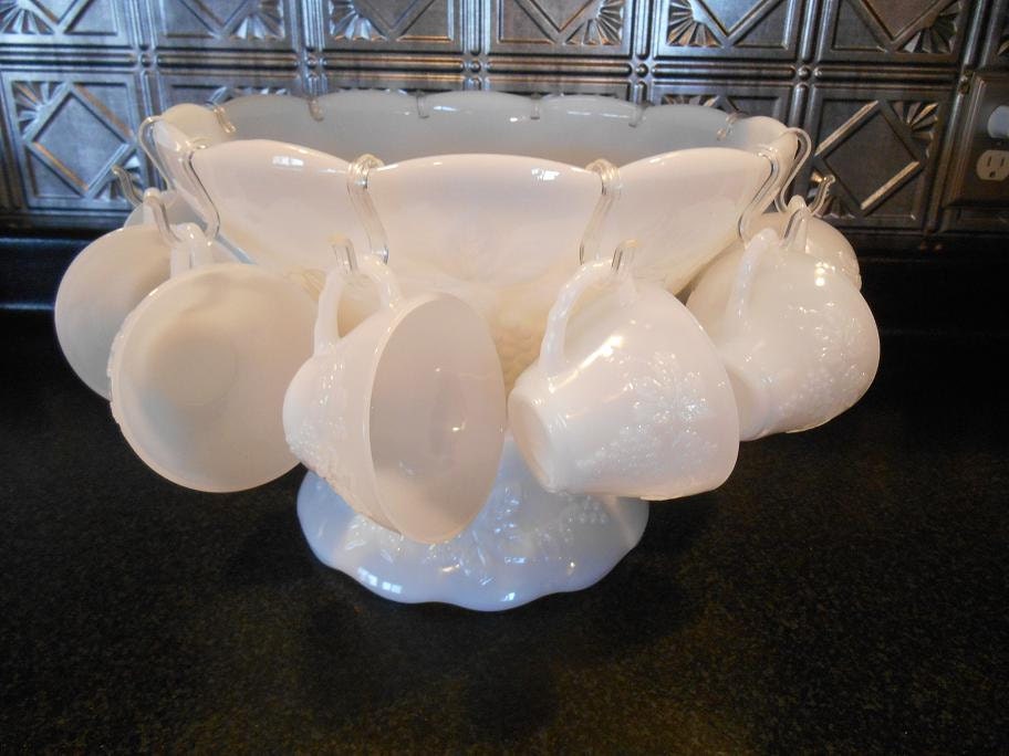 Vintage Milk Glass Punch Bowl Set Haute Juice 5021