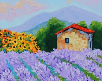 Sun Flower Art, Lavender field Oil Painting, Original Painting, Tuscany Sunflowers, Lavender Fields, Painting on Canvas by Rebecca Beal