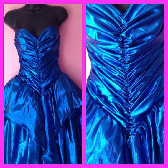 1980s Strapless Prom Dress Electric Blue Lamé Size Small By